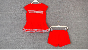 Παιδικό καλοκαιρινό σετ για κορίτσια - μπλουζοφόρεμα  με σορτς - δύο μοντέλα σε κόκκινο και σκούρο μπλε χρώμα
