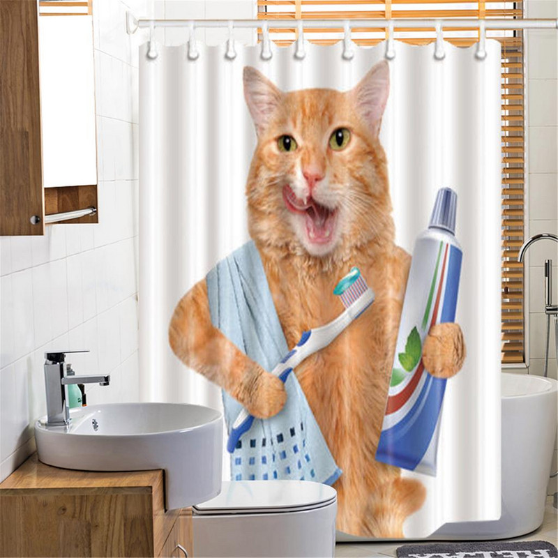 Vízálló poliészter fürdőszobafüggöny macskával és 12 akasztóval