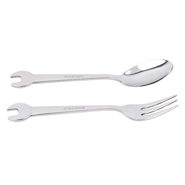 Kreatív készlet rozsdamentes acél kanállal és villával, csavarkulcs formájában