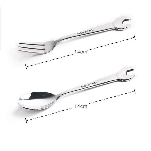Kreatív készlet rozsdamentes acél kanállal és villával, csavarkulcs formájában