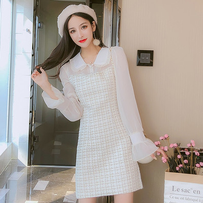 Elegantna ženska kratka haljina s dugim rukavima i kragnom od tila