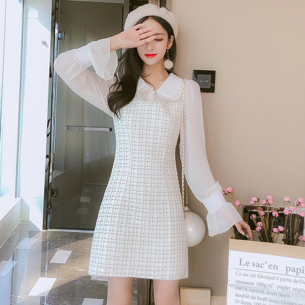 Elegantna ženska kratka haljina s dugim rukavima i kragnom od tila