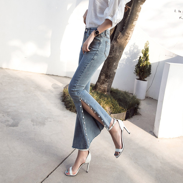 Modern női farmer magas derékkal, Charleston hasítékkal