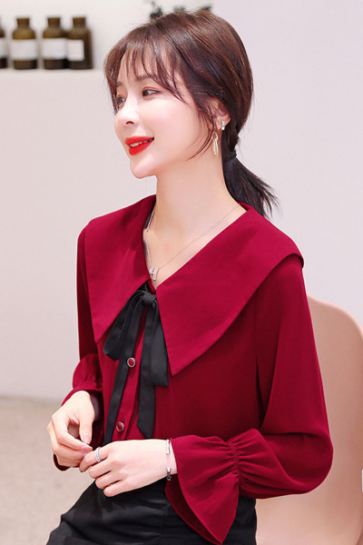 Piros női sifon ing galléros szalaggal - széles modell