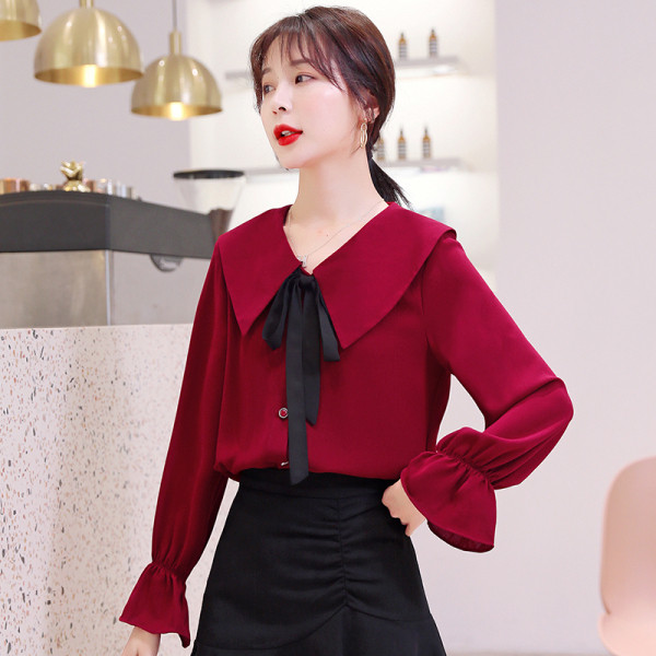 Piros női sifon ing galléros szalaggal - széles modell