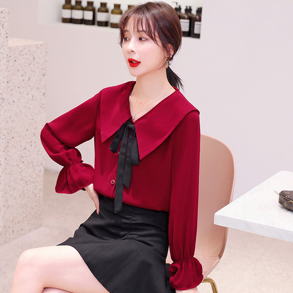 Piros női sifon ing galléros szalaggal - széles modell