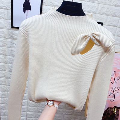 Új modell elasztikus női pulóver magas gallérral és szalaggal