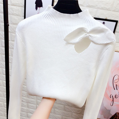 Új modell elasztikus női pulóver magas gallérral és szalaggal