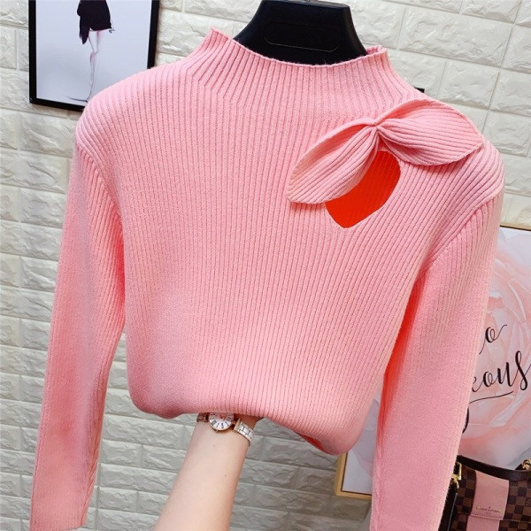 Új modell elasztikus női pulóver magas gallérral és szalaggal