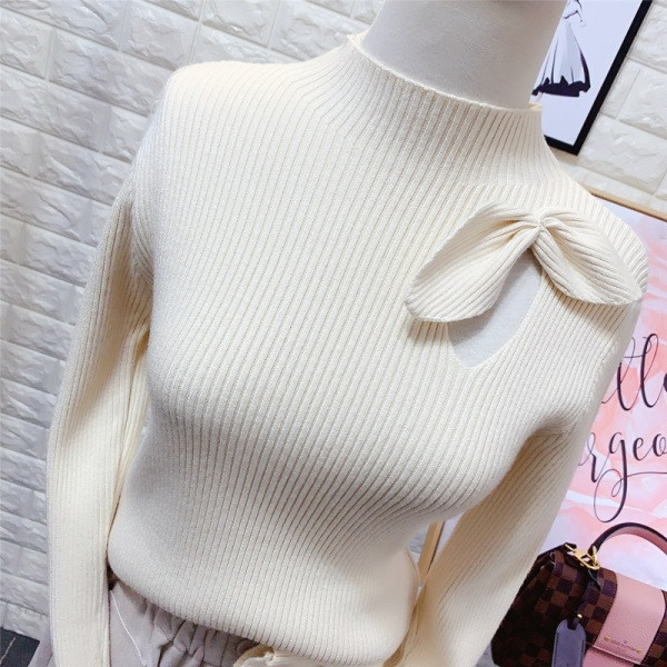 Új modell elasztikus női pulóver magas gallérral és szalaggal
