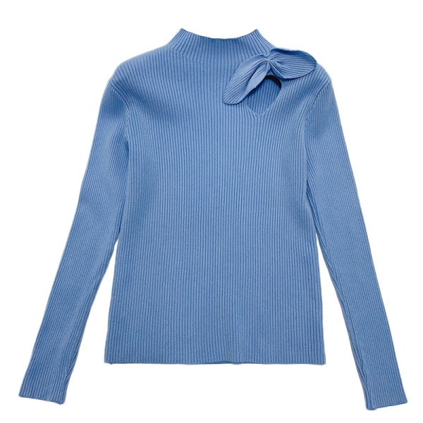 Új modell elasztikus női pulóver magas gallérral és szalaggal