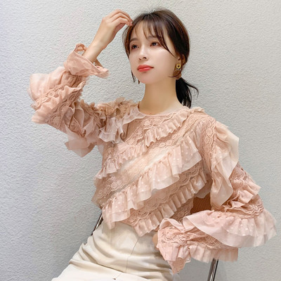 Stílusos női sifon ing ovális nyakkivágással és fürtökkel