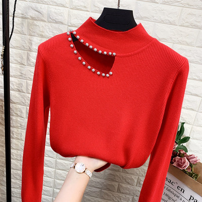Κομψό γυναικείο πουλόβερ με πλέγμα και διακόσμηση πέρλες  στη λαιμόκοψη