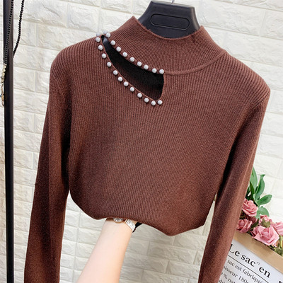 Κομψό γυναικείο πουλόβερ με πλέγμα και διακόσμηση πέρλες  στη λαιμόκοψη