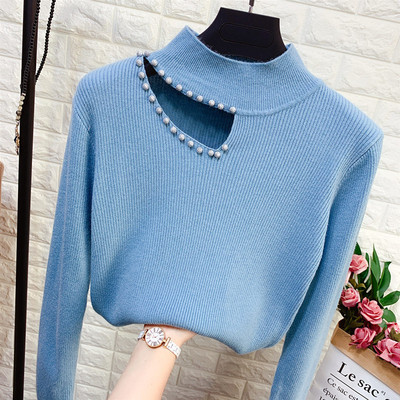 Κομψό γυναικείο πουλόβερ με πλέγμα και διακόσμηση πέρλες  στη λαιμόκοψη