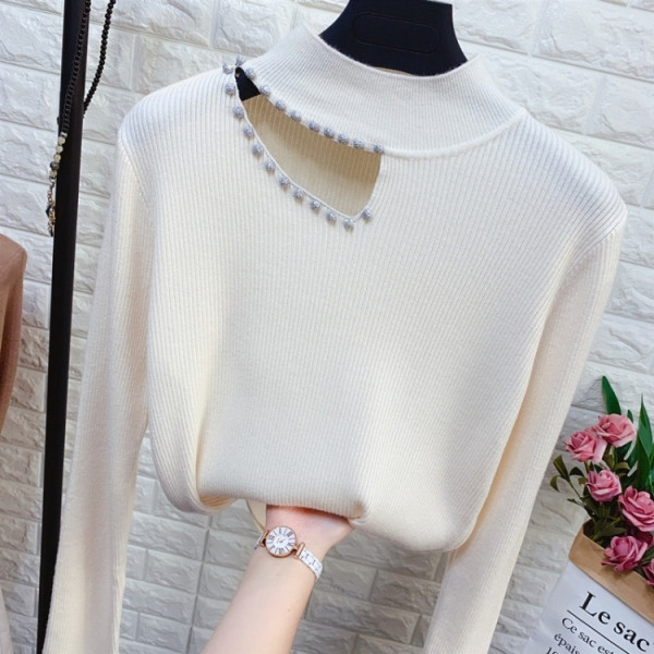 Κομψό γυναικείο πουλόβερ με πλέγμα και διακόσμηση πέρλες  στη λαιμόκοψη