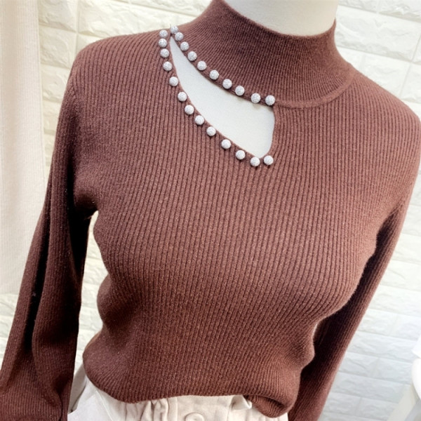 Κομψό γυναικείο πουλόβερ με πλέγμα και διακόσμηση πέρλες  στη λαιμόκοψη