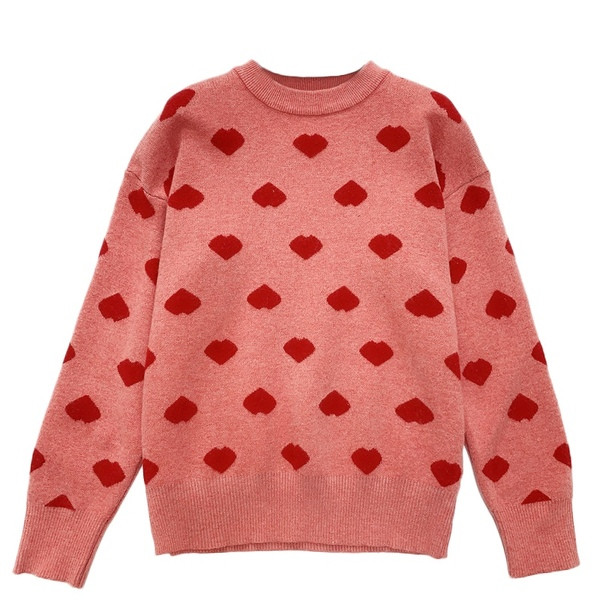 Aktuális női pulóver ovális nyakkivágással és színes szívecskés mintával