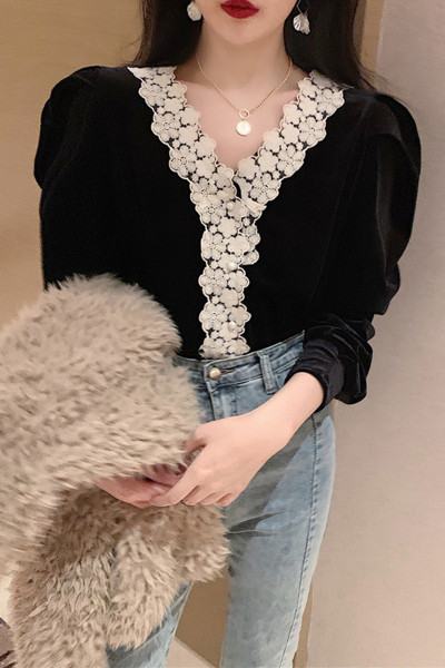 Modern női bársony blúz V-nyakkal és csipkével