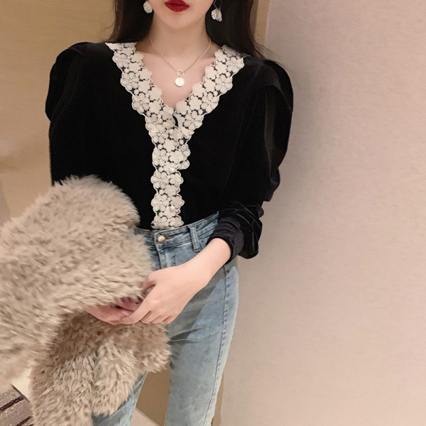 Modern női bársony blúz V-nyakkal és csipkével