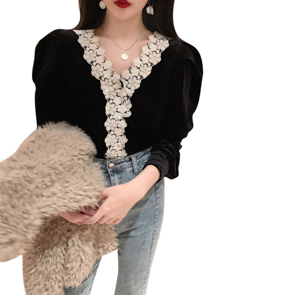 Modern női bársony blúz V-nyakkal és csipkével