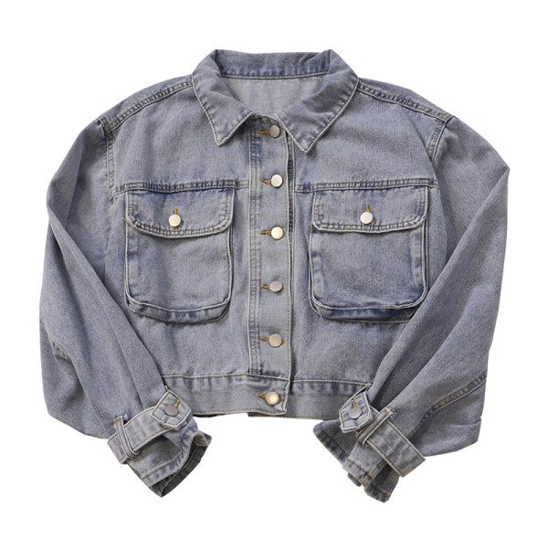 Retro stiilis naiste teksajakk taskute ja nööpidega