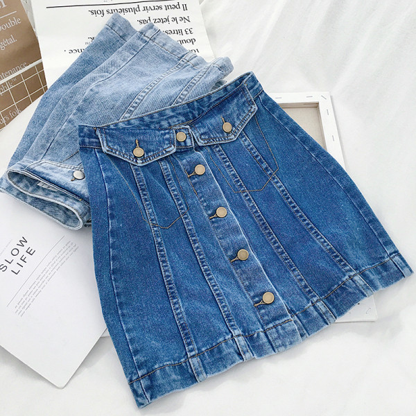 Modern női farmerszoknya gombokkal, magas derékkal