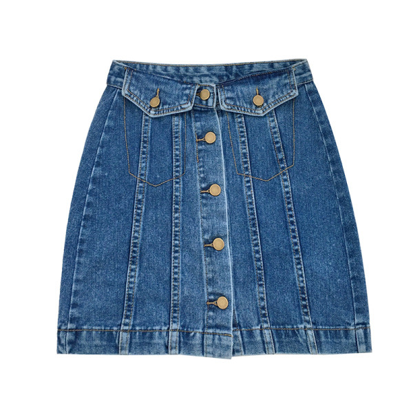 Modern női farmerszoknya gombokkal, magas derékkal