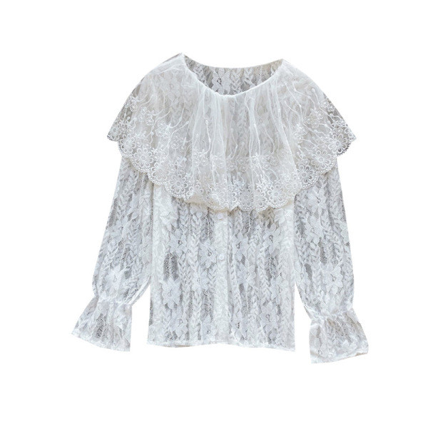 Γυναικείο δαντεωτό πουκάμισο  με στρογγυλή λαιμόκοψη και μακρύ μανίκι