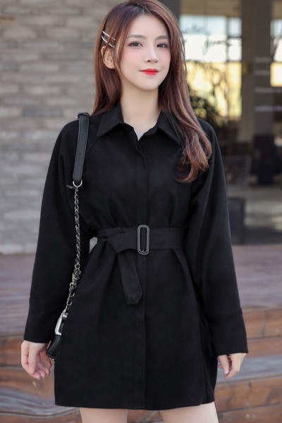 Női alkalmi hosszú ing övvel és gombokkal