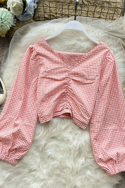 Ρετρό στυλ γυναικείο πουκάμισο με φαρδιά μανίκια και λαιμόκοψη