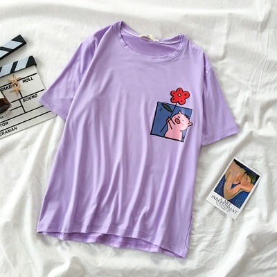 Ümara kaelusega ja aplikatsiooniga vabaaja naiste T-särk