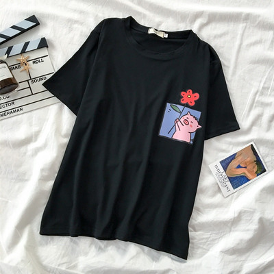 Ümara kaelusega ja aplikatsiooniga vabaaja naiste T-särk