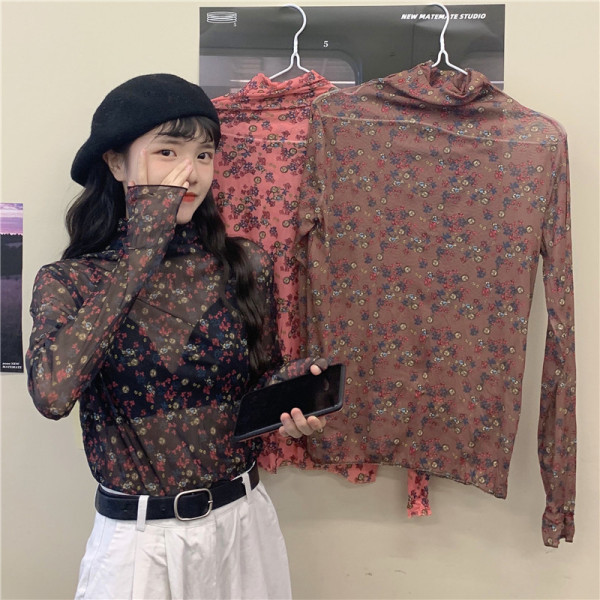 Kolmes värvitoonis moodne kõrge kraega naiste pluus