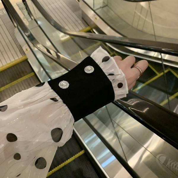 Moodne naiste täpiline pikkade varrukate ja spitsikaelusega pluus