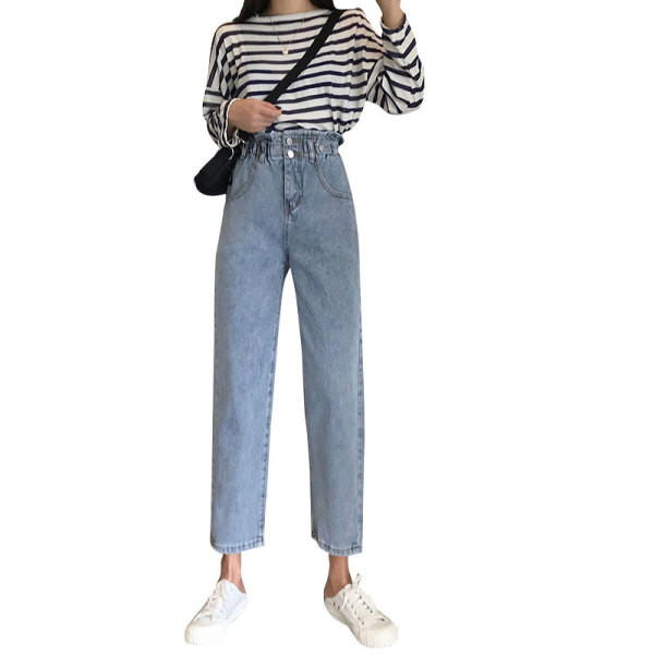 Női farmer világoskék színben, magas derekú egyenes modellben