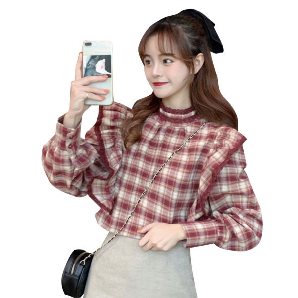 Női modern kockás blúz két színben, félmagas gallérral