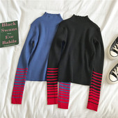 Sinise ja musta värvi vabaaja naiste pluus poolkõrge kraega