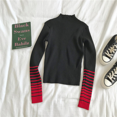 Sinise ja musta värvi vabaaja naiste pluus poolkõrge kraega