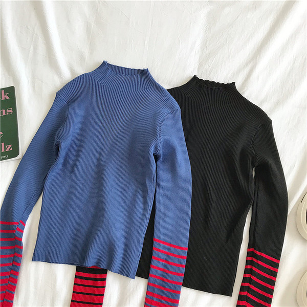 Sinise ja musta värvi vabaaja naiste pluus poolkõrge kraega