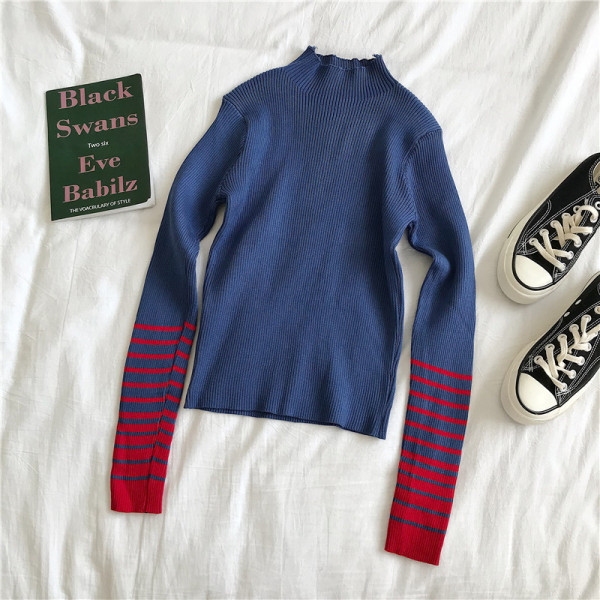 Sinise ja musta värvi vabaaja naiste pluus poolkõrge kraega