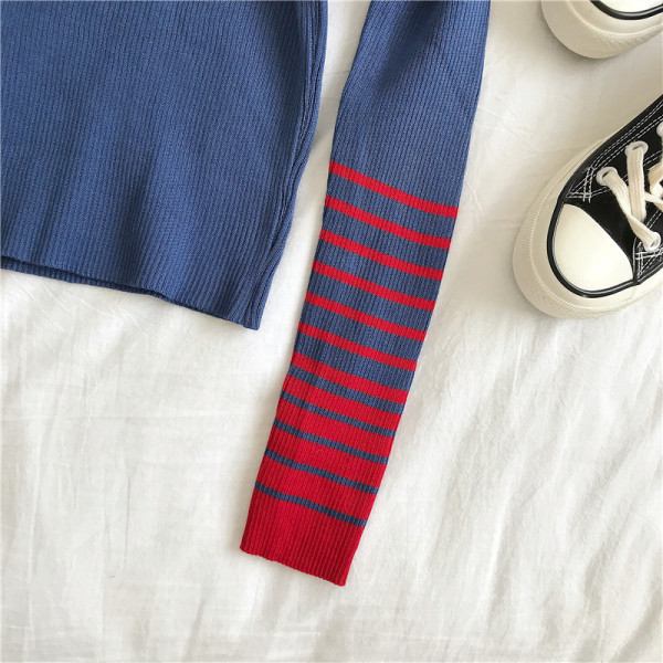 Sinise ja musta värvi vabaaja naiste pluus poolkõrge kraega