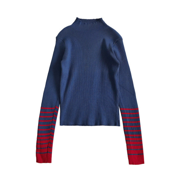 Sinise ja musta värvi vabaaja naiste pluus poolkõrge kraega