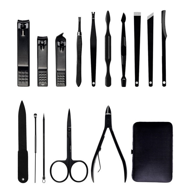 Praktiškas kosmetikos rinkinys, kurį sudaro 15 nerūdijančio plieno manikiūro dalių su laikymo dėklu