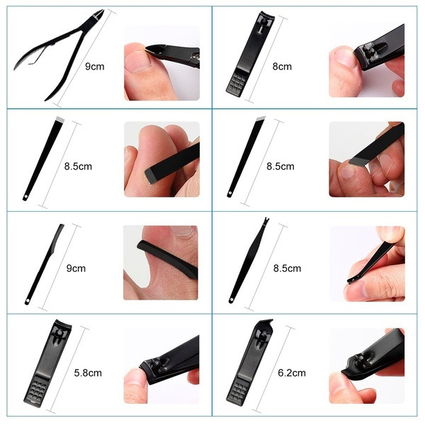 Praktiškas kosmetikos rinkinys, kurį sudaro 15 nerūdijančio plieno manikiūro dalių su laikymo dėklu