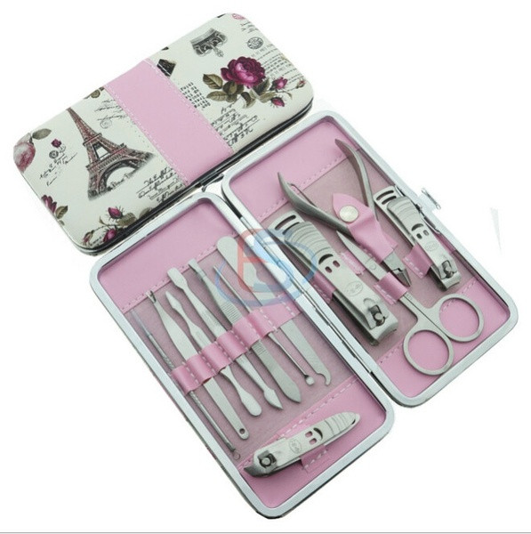 Set of 12 nail care tools + storage case with colored pattern