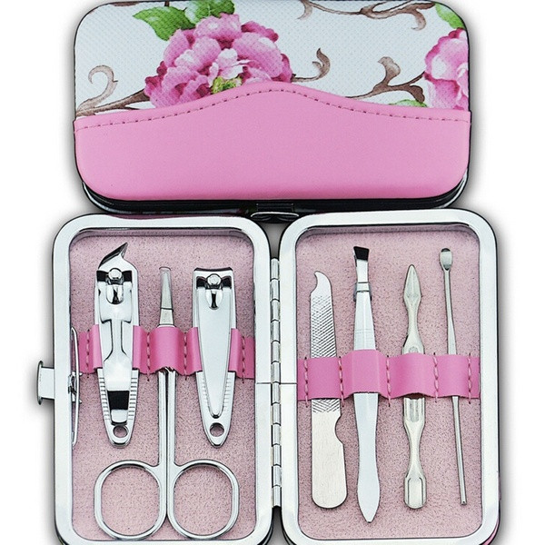 Cosmetic set including seven stainless steel manicure tools + storage case with floral pattern