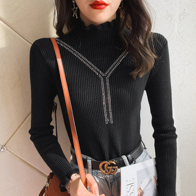 Μοντέρνο γυναικείο πουλόβερ  με ημι-ψηλό κολάρο και διακόσμηση πέτρες