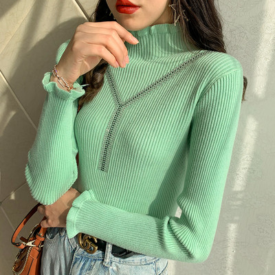 Μοντέρνο γυναικείο πουλόβερ  με ημι-ψηλό κολάρο και διακόσμηση πέτρες