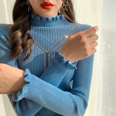 Μοντέρνο γυναικείο πουλόβερ  με ημι-ψηλό κολάρο και διακόσμηση πέτρες